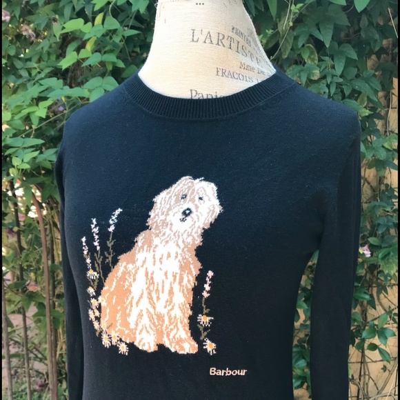 BARBOUR Scarce Shaggy GoldenDoodle Daisies Midnight Navy Cashmere Sweate…